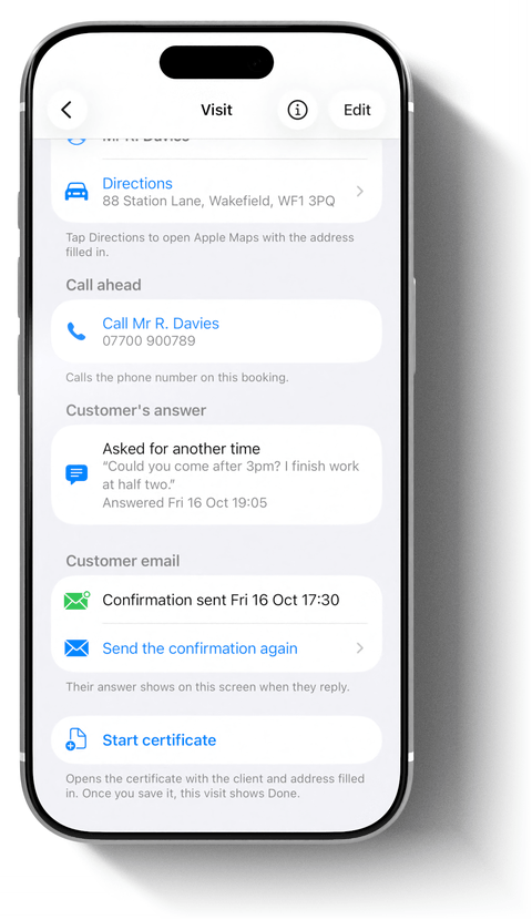 A visit in iCertifi Cloud Pro where the customer asked for another time, with their note