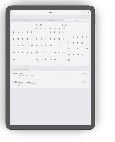 The iCertifi Cloud Pro Diary month calendar on iPad