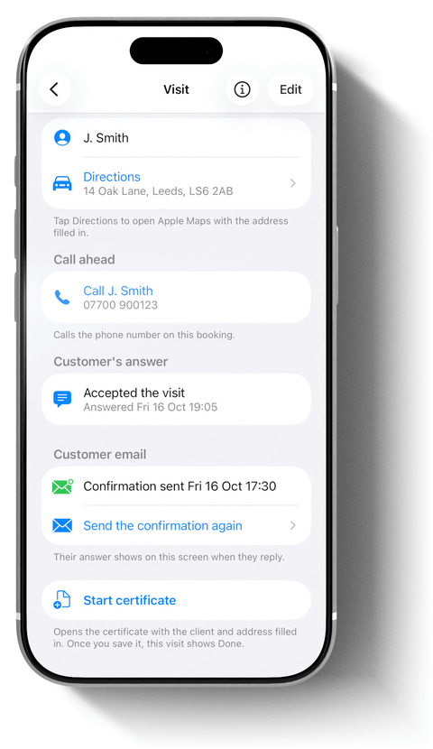 An accepted visit in iCertifi Cloud Pro with Call, Directions, the customer’s answer and Start certificate