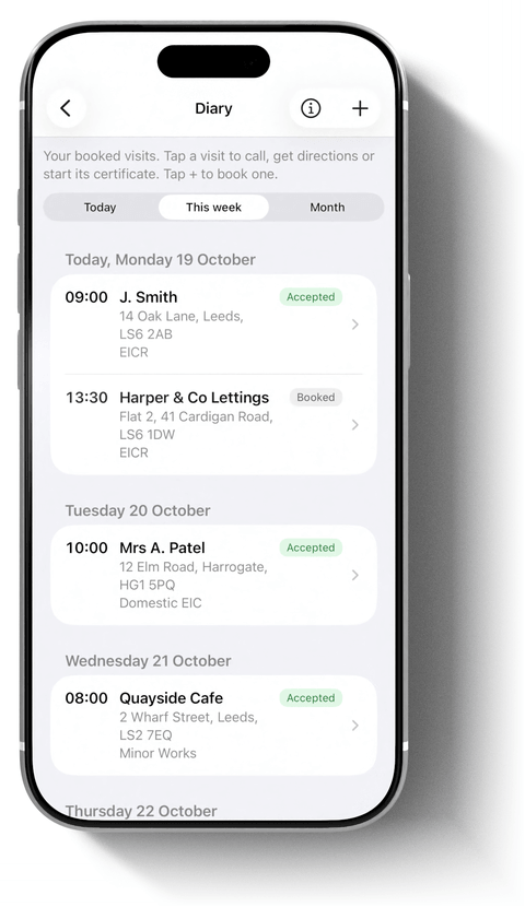 iCertifi Cloud Pro Diary on iPhone: this week, with visits labelled Accepted and Booked