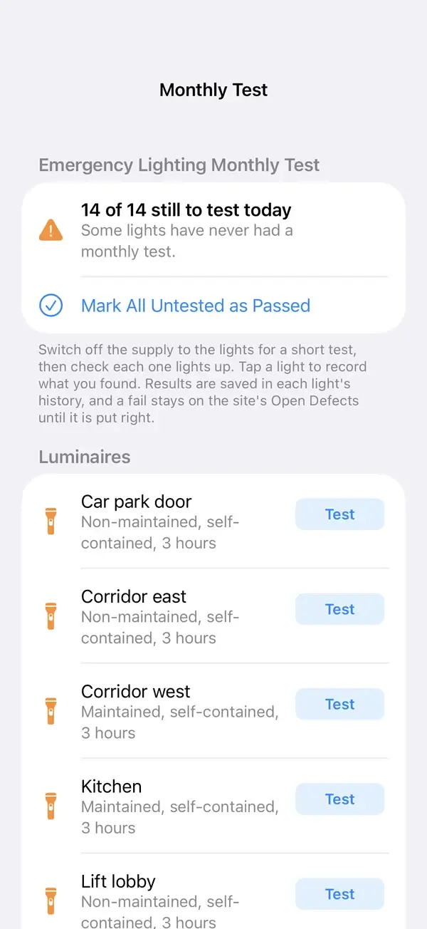 Emergency lighting monthly test: 14 lights still to test today, each with its type and duration