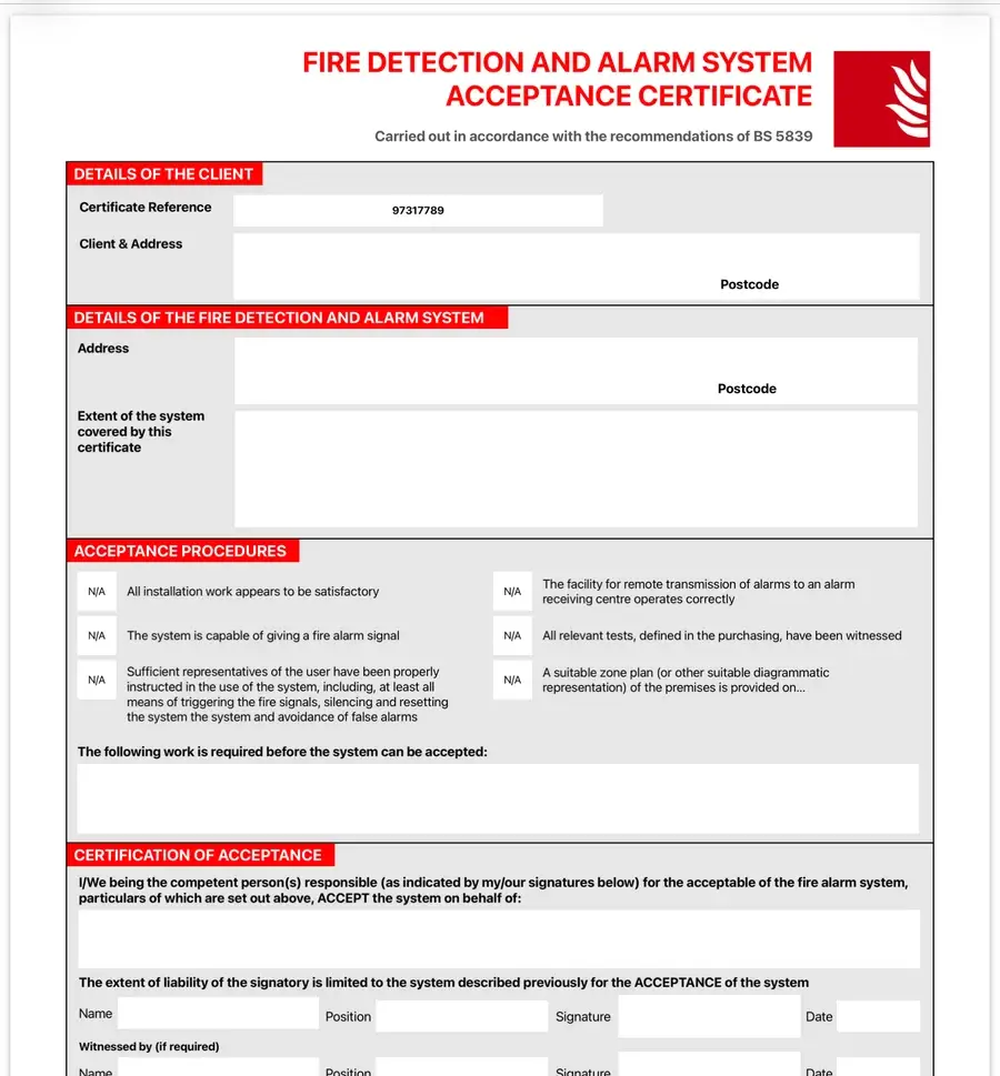 Fire detection and alarm system acceptance certificate PDF to BS 5839, produced by iCertifi Fire Edition