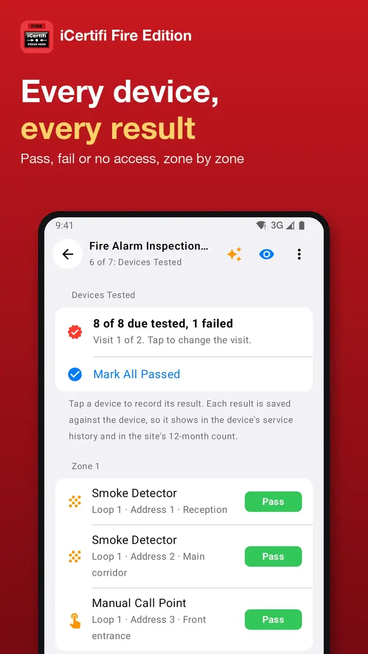 iCertifi Fire Edition on an Android phone: Devices Tested, every device pass, fail or no access, zone by zone