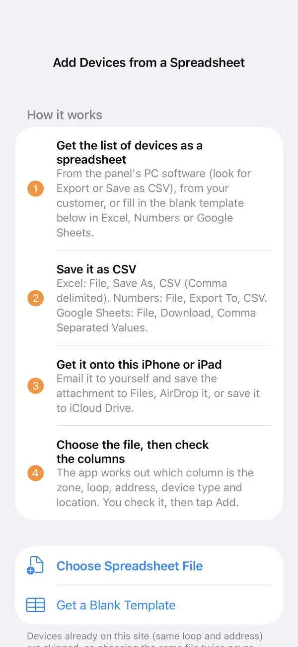 Add devices from a spreadsheet: import a fire alarm device list from a CSV file