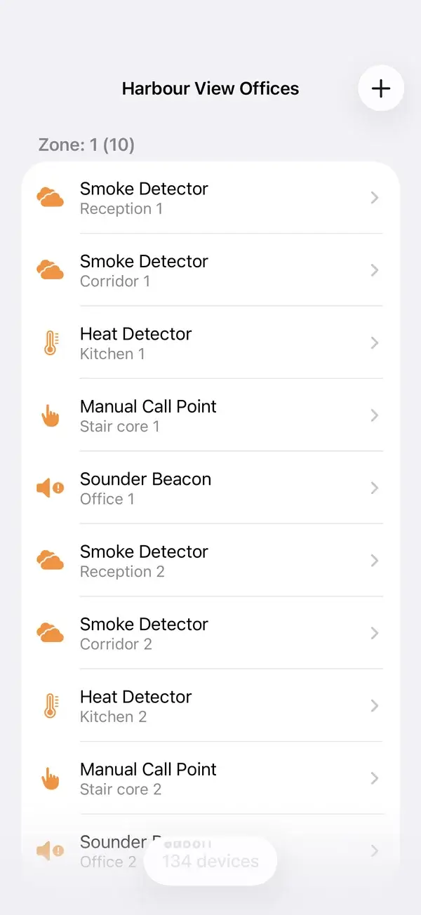 Device register for a site, grouped by zone: smoke detectors, heat detectors, call points, sounders