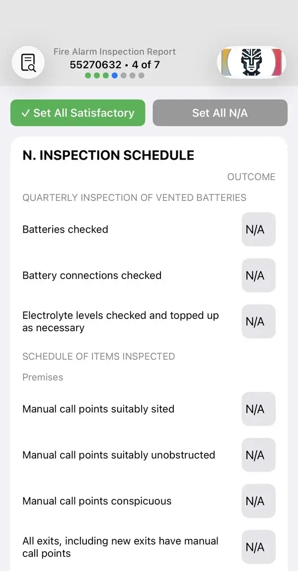 Fire alarm inspection schedule with Set All Satisfactory