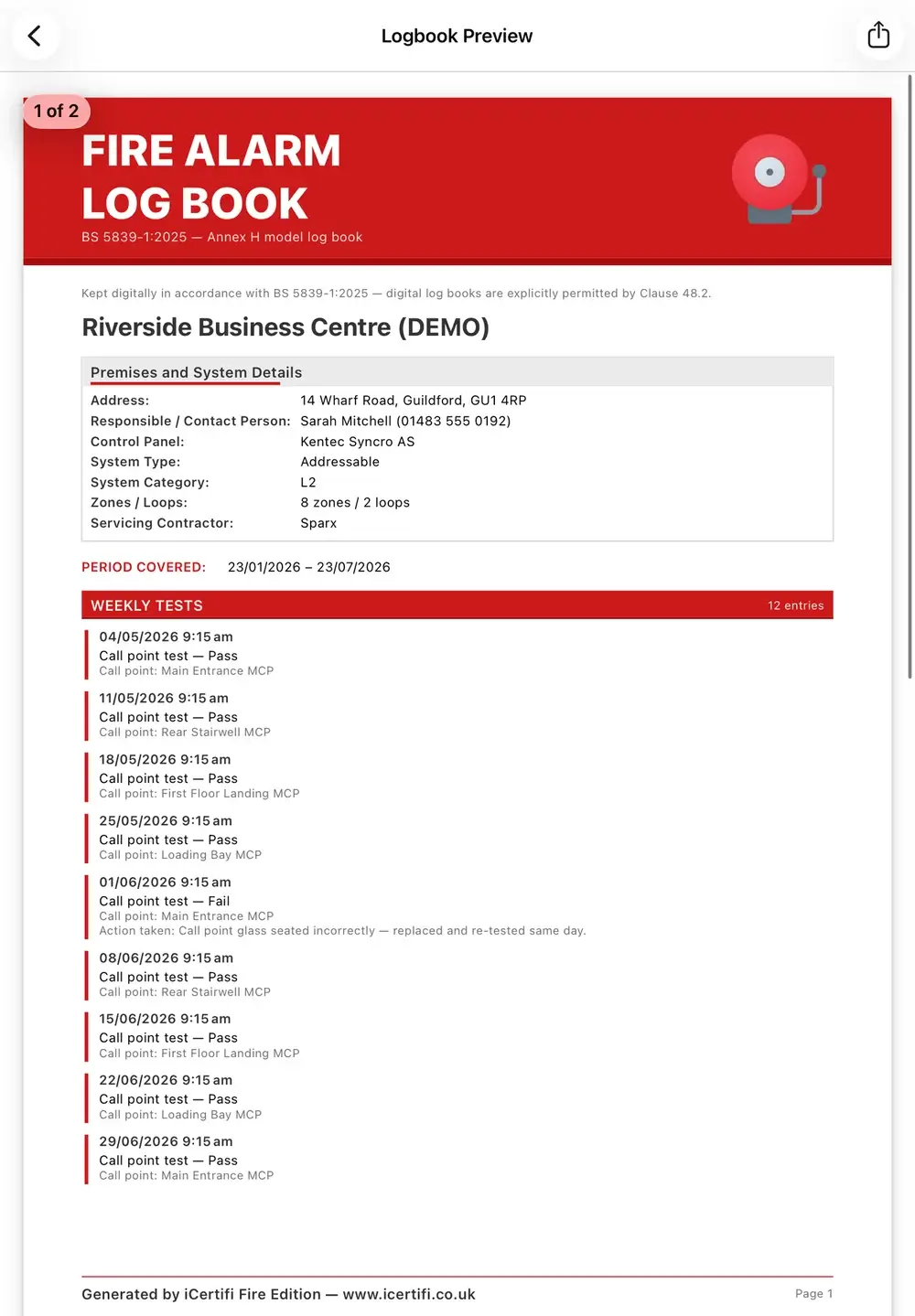 Fire alarm log book PDF on the BS 5839-1:2025 Annex H model, with weekly call point tests