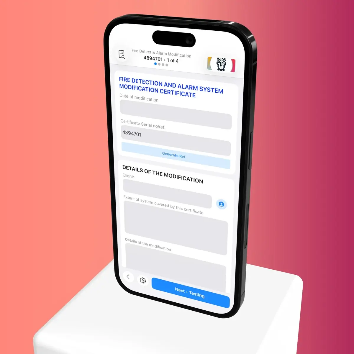 Fire detection and alarm system modification certificate being filled in on iPhone
