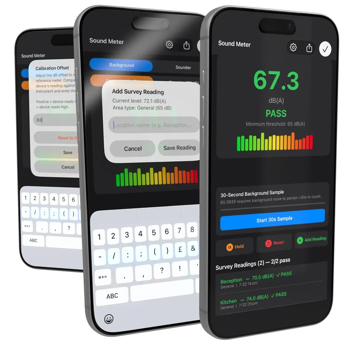 Sound level meter in iCertifi Fire Edition reading 67.3 dB(A), PASS, with survey readings and calibration offset