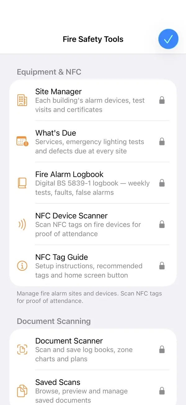 Fire Safety Tools menu: Site Manager, What's Due, Fire Alarm Logbook, NFC Device Scanner