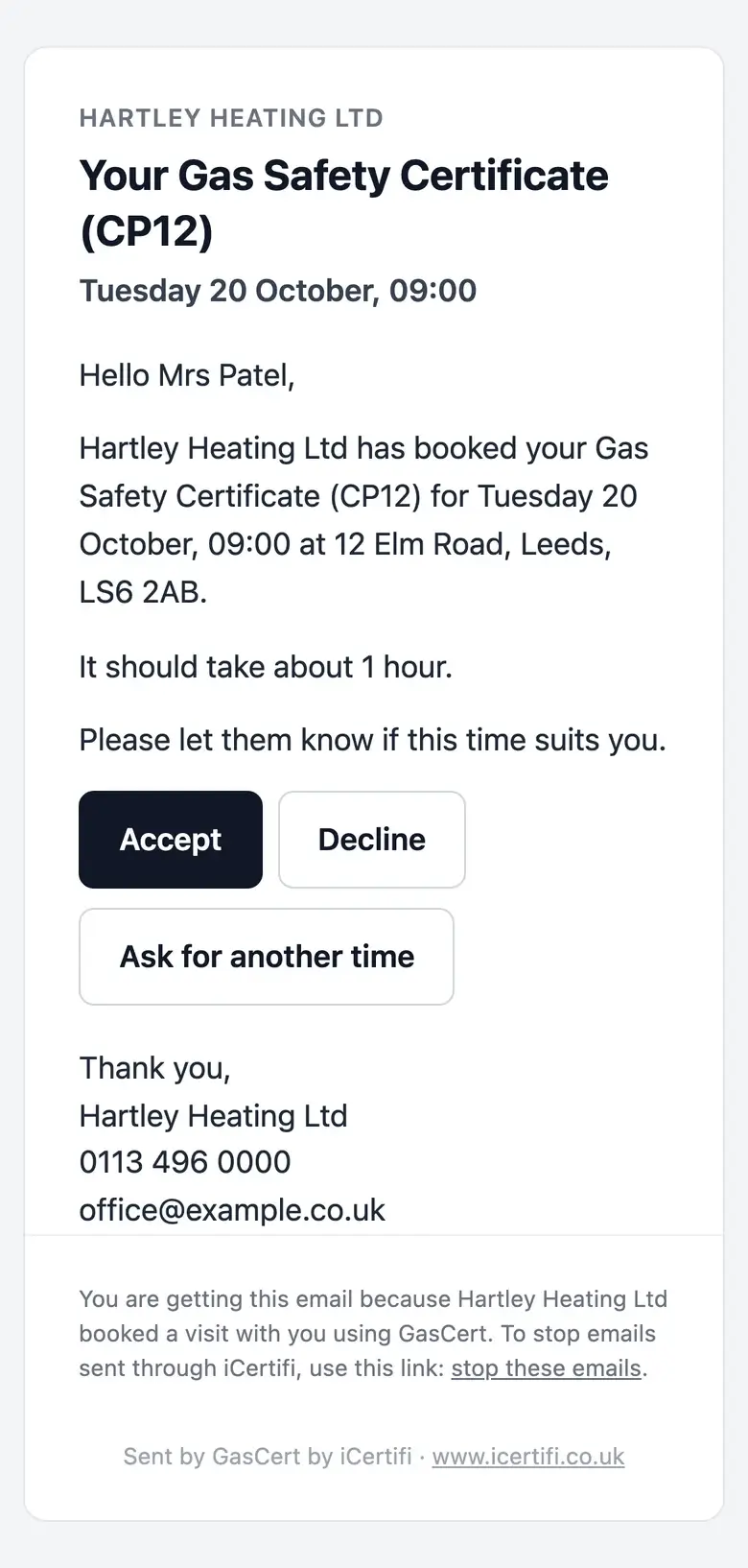 The confirmation email a customer gets from Gas Cert, with Accept, Decline and Ask for another time buttons