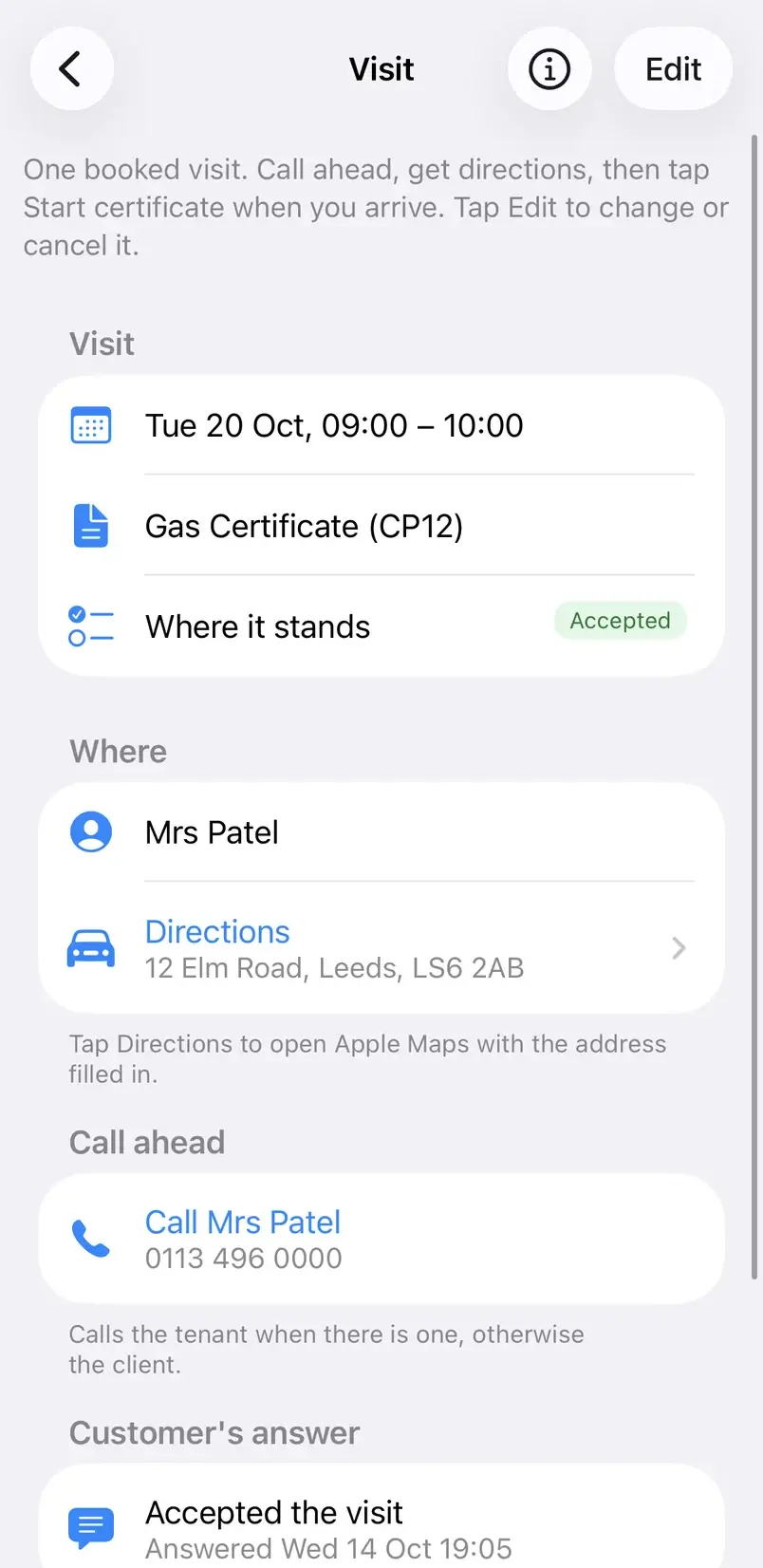 Gas Cert Diary: an accepted visit showing the customer accepted the visit