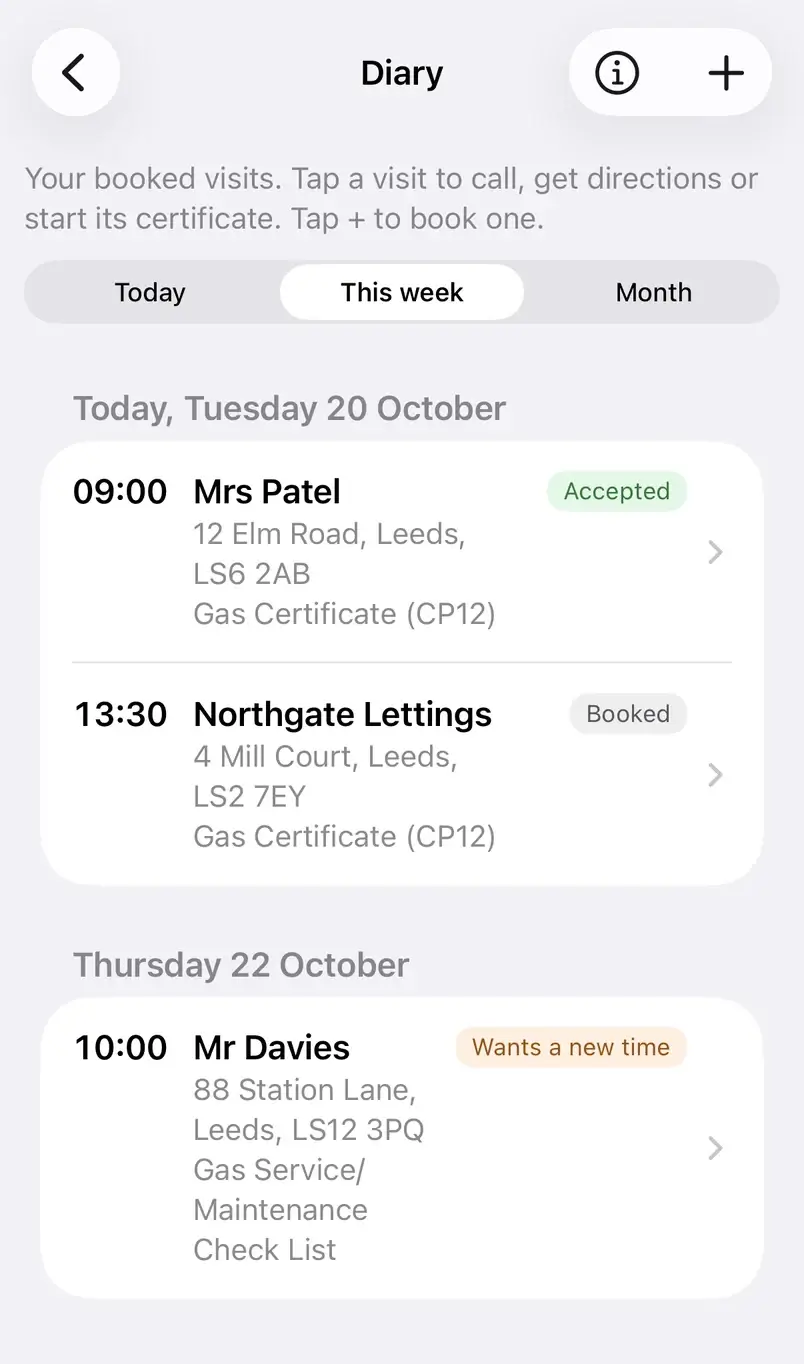Gas Cert Diary: this week, with visits labelled Accepted, Booked and Wants a new time