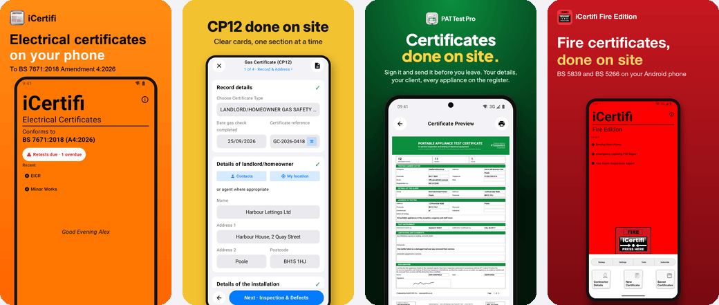 iCertifi, Gas Cert, PAT Test Pro and Fire Edition on Android phones