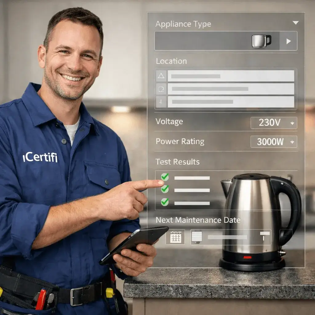 Electrician scanning a kettle with PAT Test Pro Appliance Vision