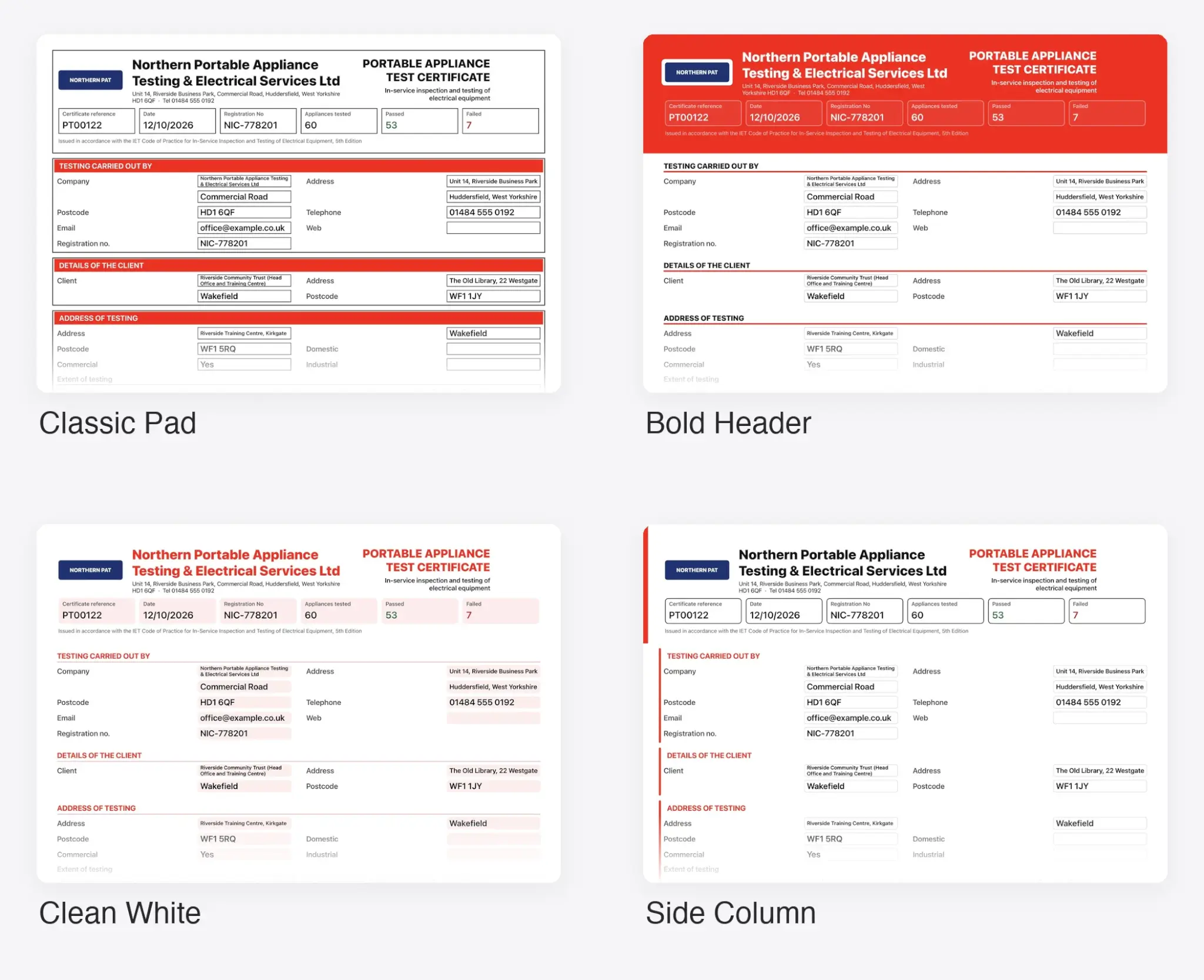 The same PAT test certificate in four designs produced by PAT testing software